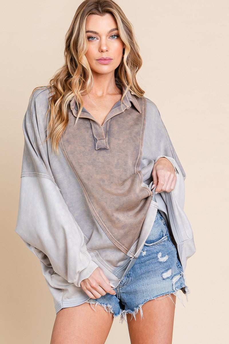 Mineral Washed Color Block Oversized Top