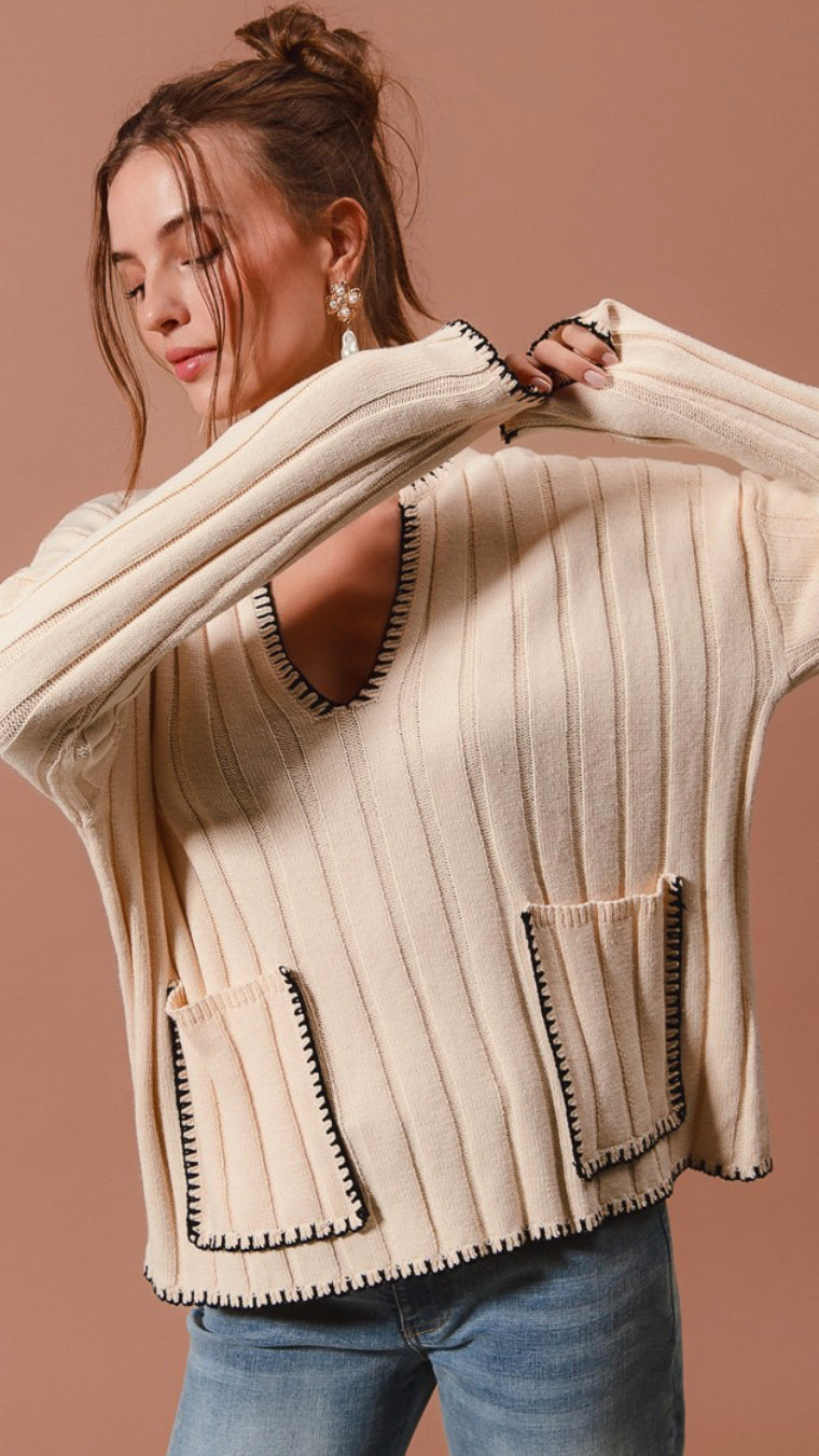 Wide Rib Sweater Top With Contrast Blanket Stitch