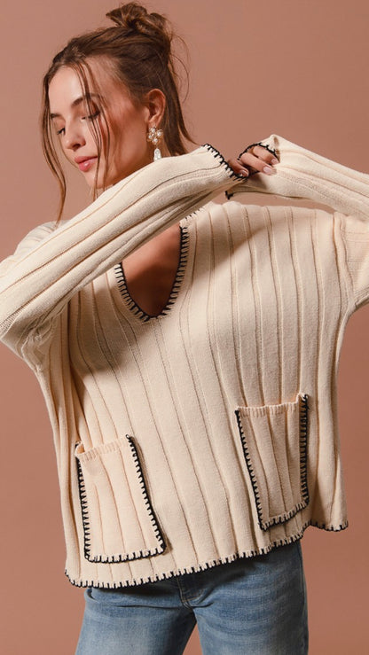 Wide Rib Sweater Top With Contrast Blanket Stitch