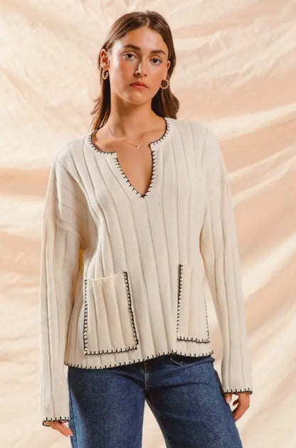 Wide Rib Sweater Top With Contrast Blanket Stitch