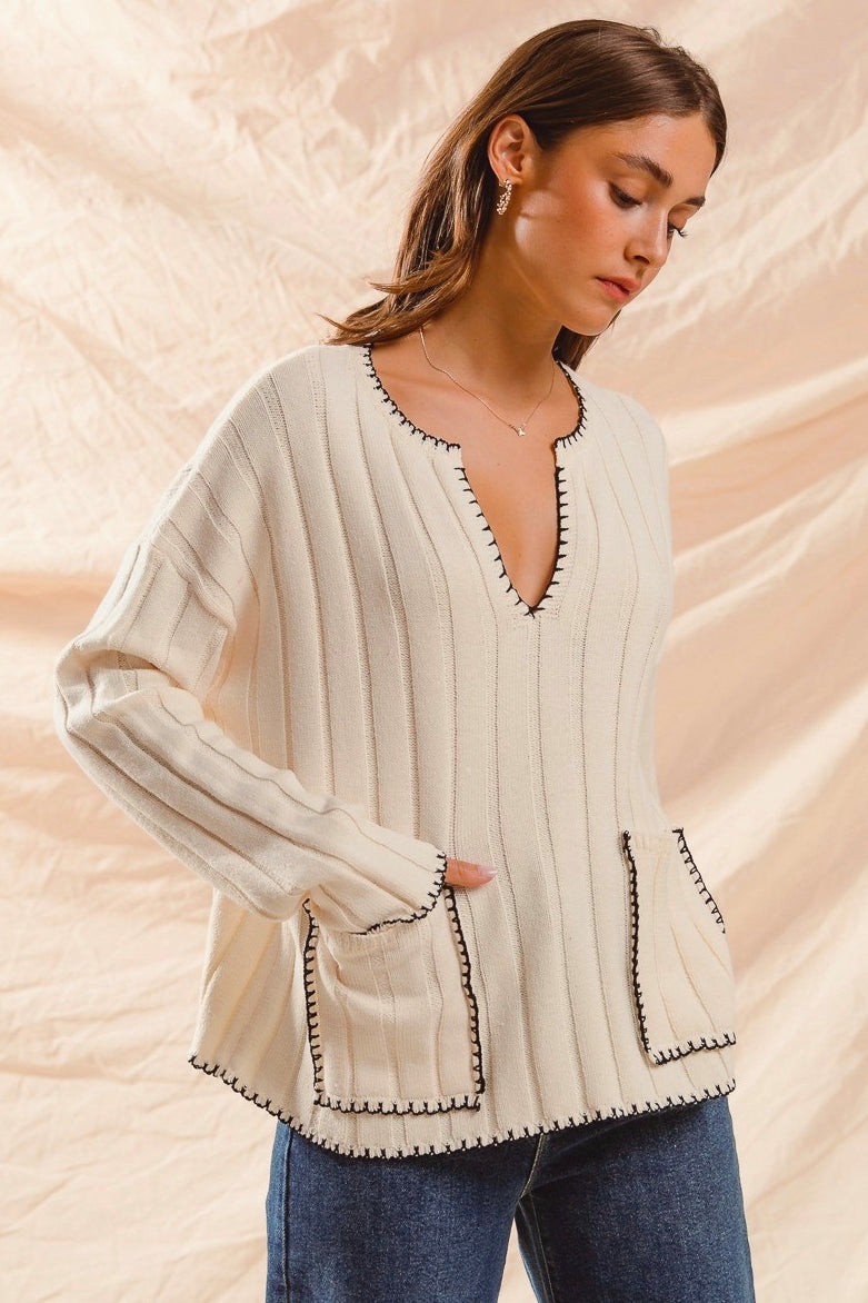 Wide Rib Sweater Top With Contrast Blanket Stitch