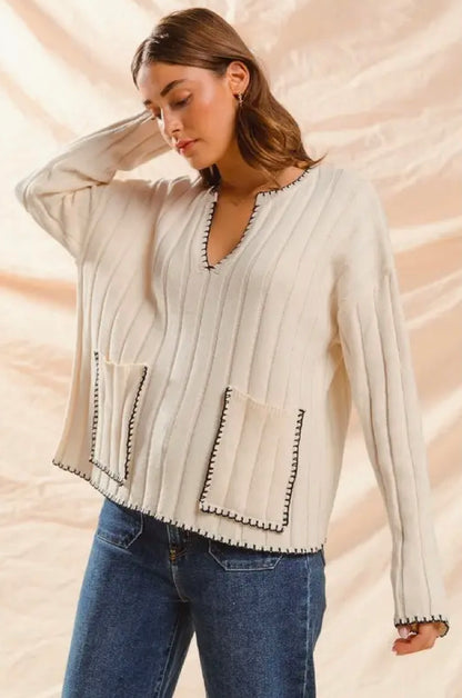 Wide Rib Sweater Top With Contrast Blanket Stitch