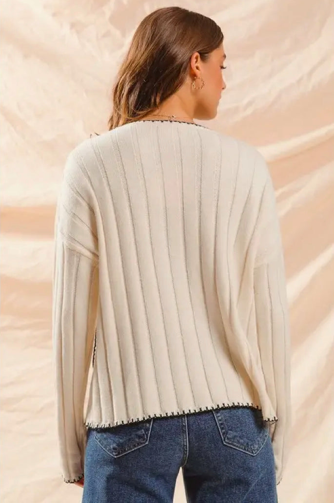 Wide Rib Sweater Top With Contrast Blanket Stitch