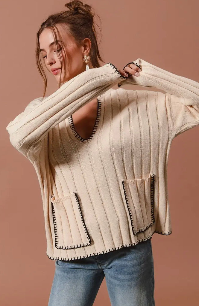 Wide Rib Sweater Top With Contrast Blanket Stitch