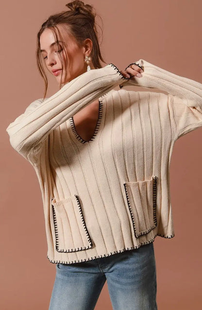 Wide Rib Sweater Top With Contrast Blanket Stitch