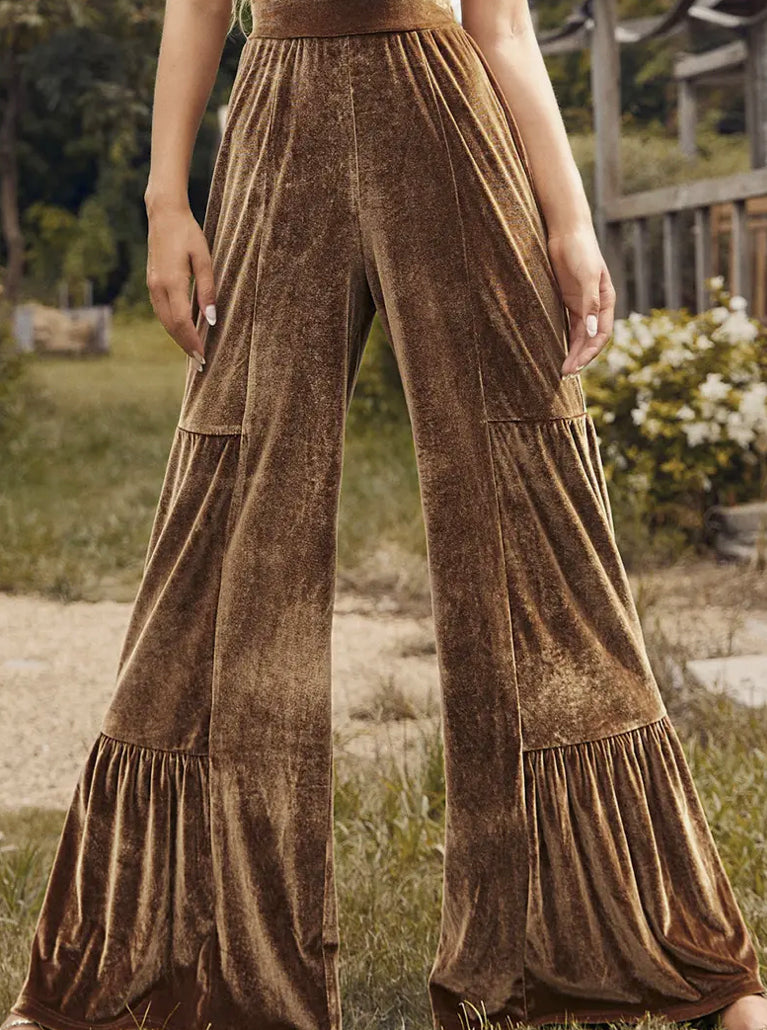 Chestnut Ruffle Hem Wide Leg Velvet Pants