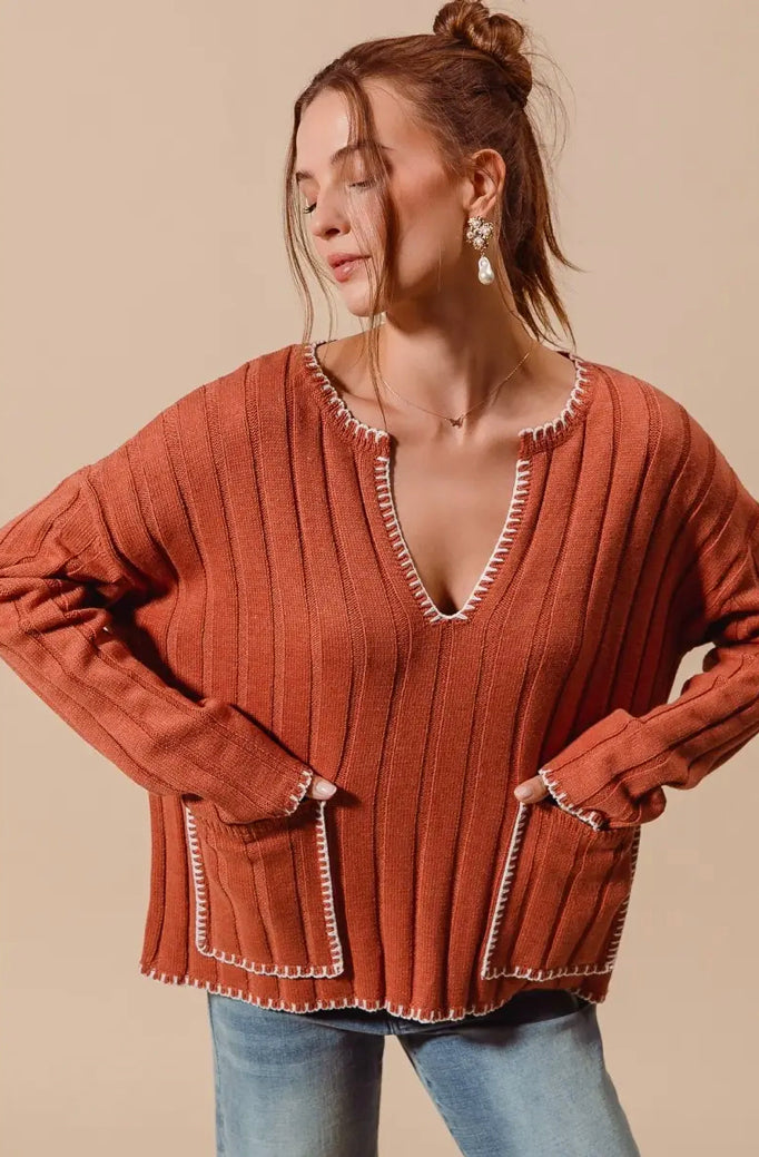 Wide Rib Sweater Top With Contrast Blanket Stitch