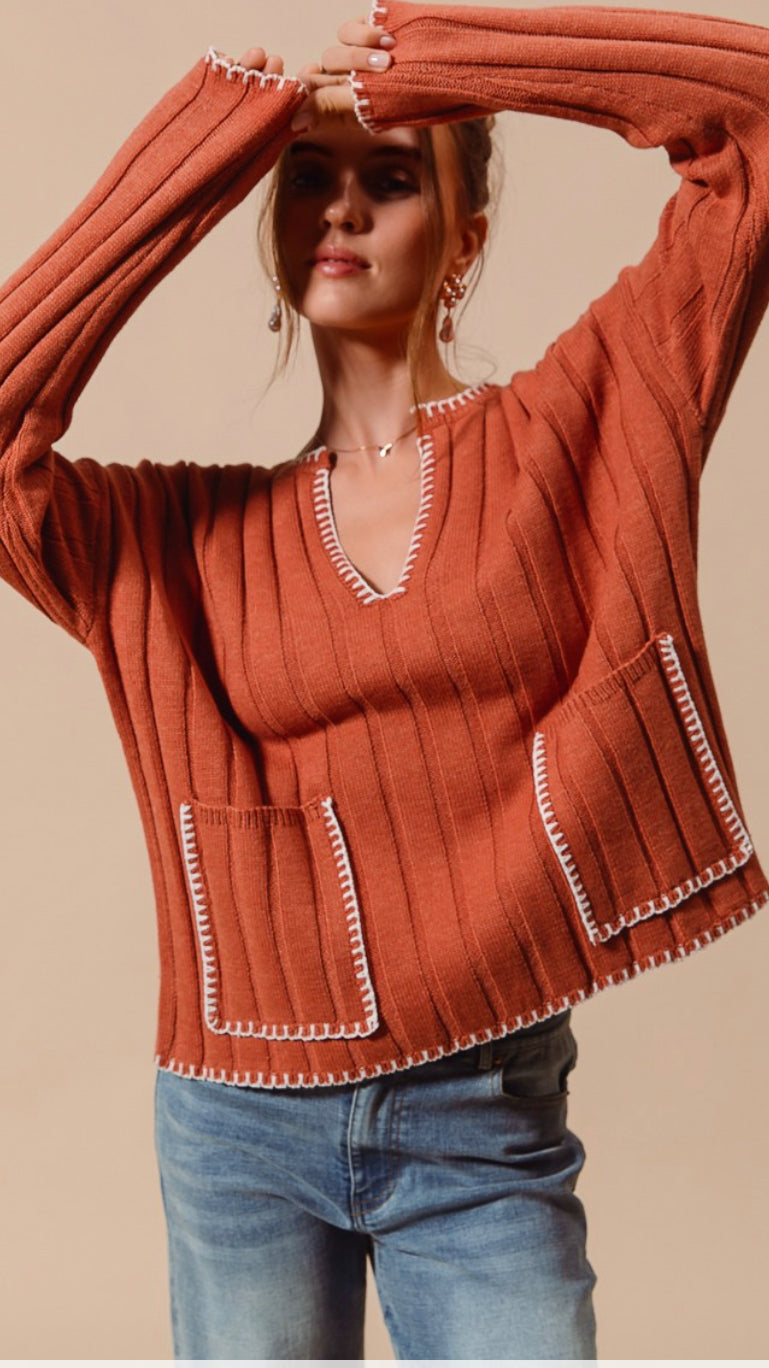 Wide Rib Sweater Top With Contrast Blanket Stitch