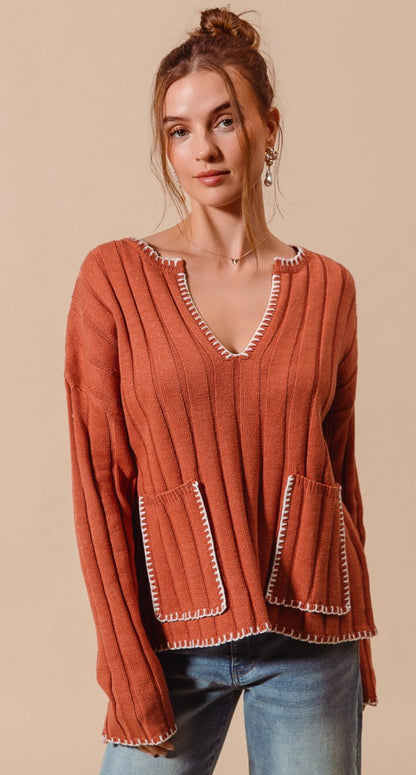 Wide Rib Sweater Top With Contrast Blanket Stitch